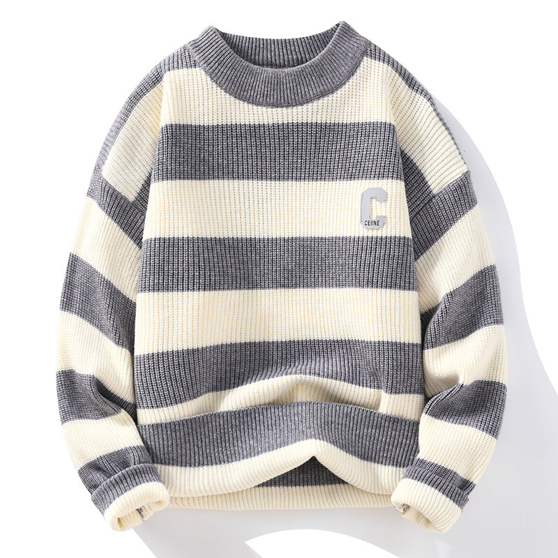 On Behalf Of The 2023 Autumn New Striped Sweater Men's Korean Version Round Neck Pullover Thickened Knitted Sweater Casual Bottoming Shirt