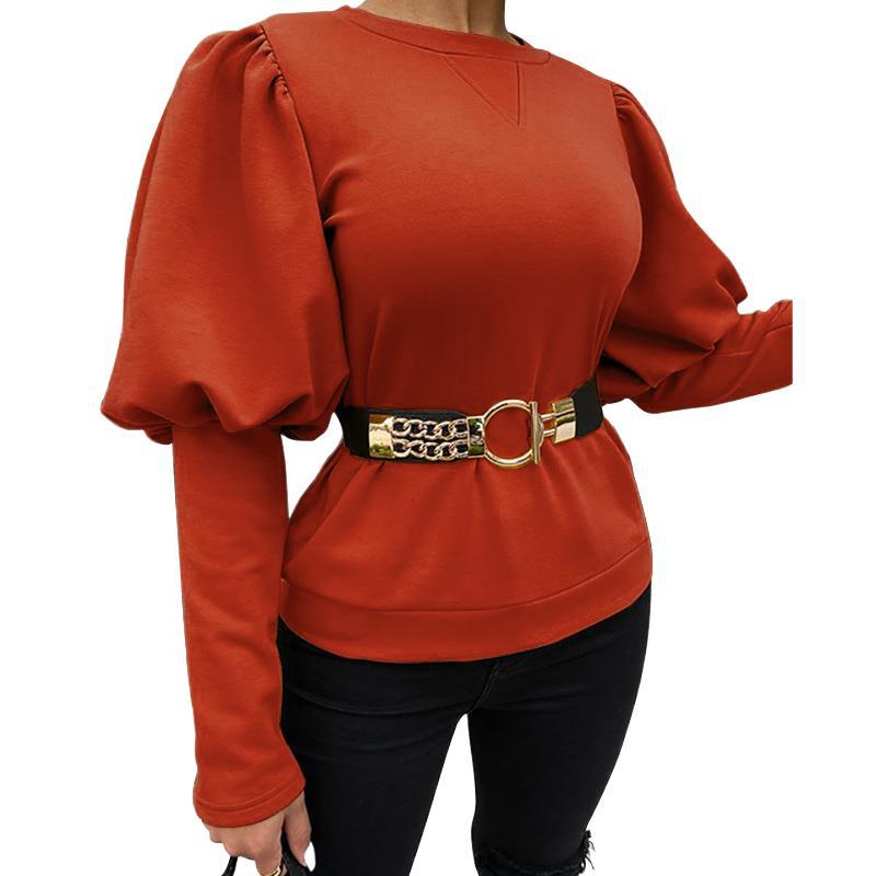 Women's Clothing Round Neck Puff Sleeve Solid Color Top T-shirt