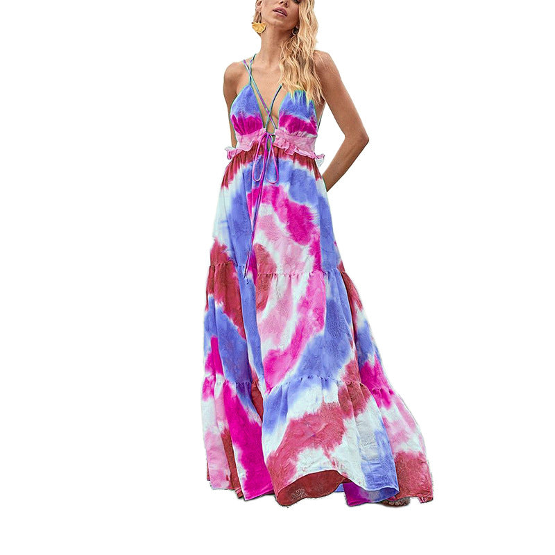 Tie-dye Gradient Slanted Stripe Horizontal Pattern Printing Slip Dress