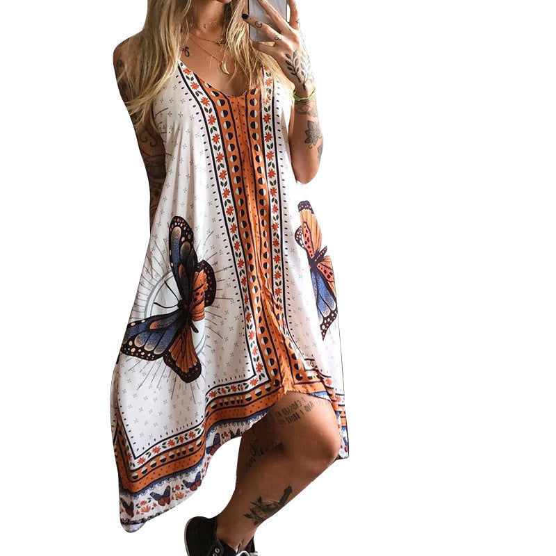 Women's Printed Backless Irregular Dress