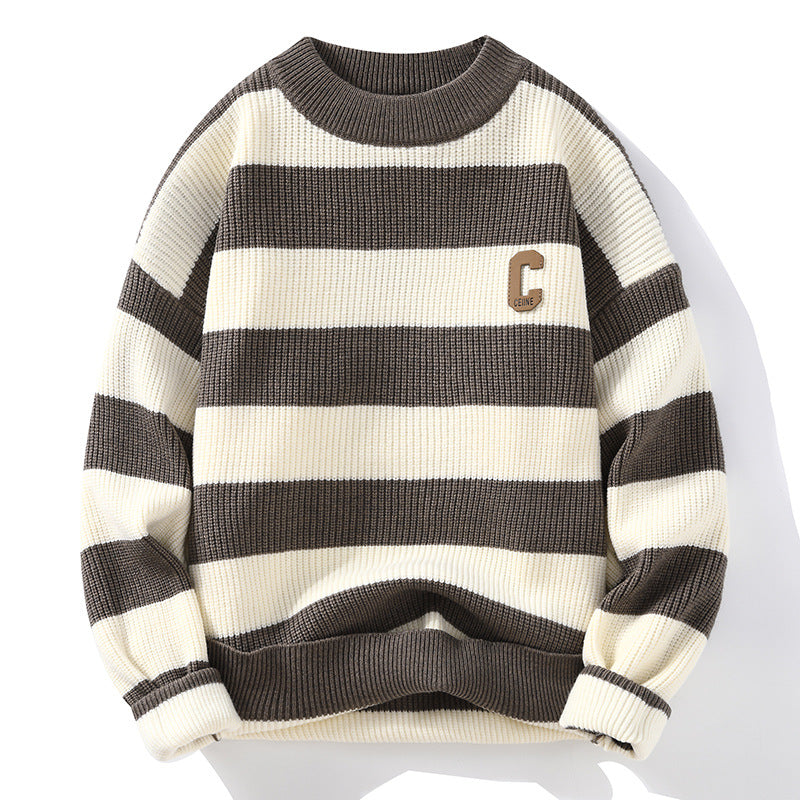 On Behalf Of The 2023 Autumn New Striped Sweater Men's Korean Version Round Neck Pullover Thickened Knitted Sweater Casual Bottoming Shirt