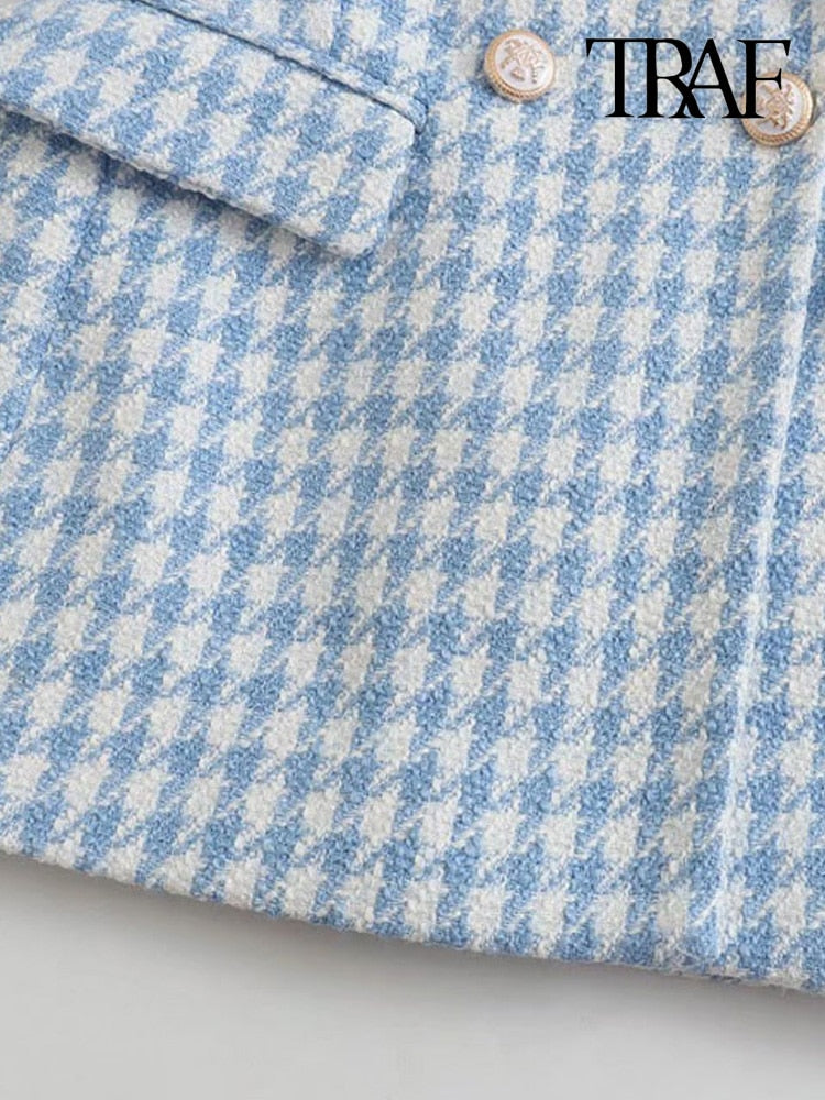 TRAF Women Fashion Houndstooth Double Breasted Tweed Blazer Coat Vintage Long Sleeve Flap Pocket Female Outerwear Chic Veste