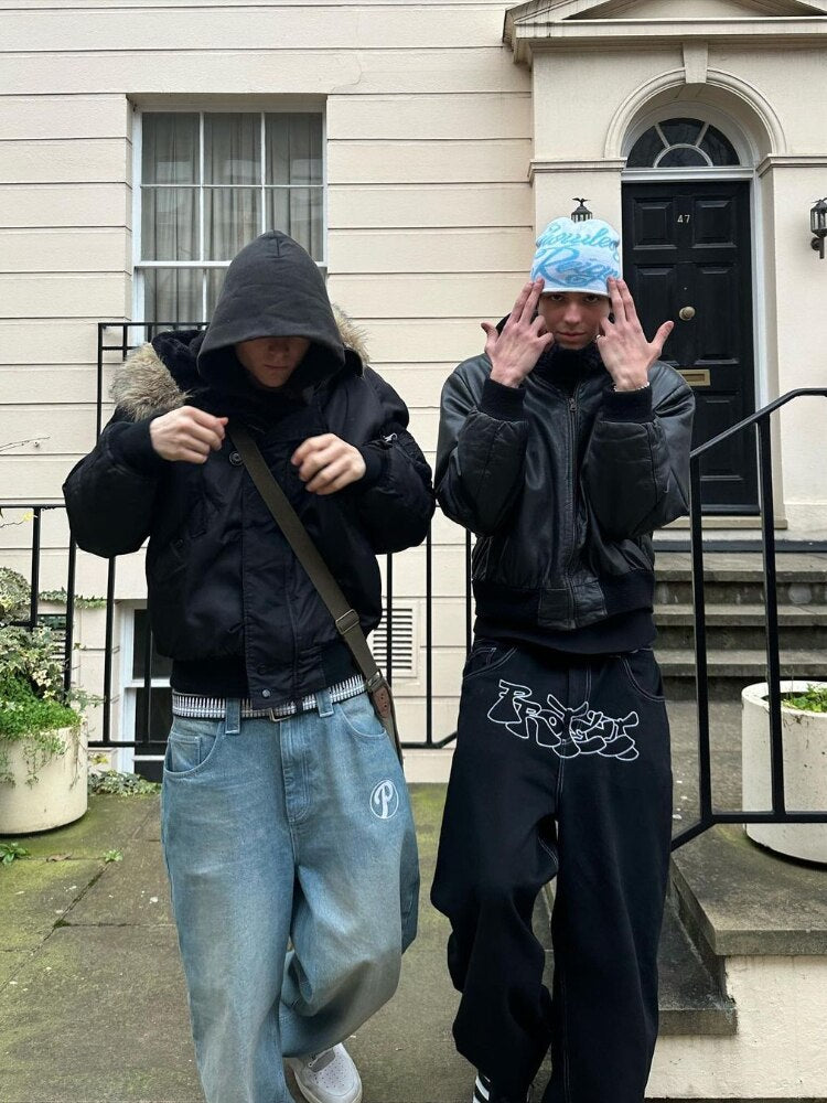 New Baggy Casual Wide Leg Jeans Men Street Retro Hip Hop Print Jeans Trend Fashion Black High-waist Jean Y2k Men Clothing 2023