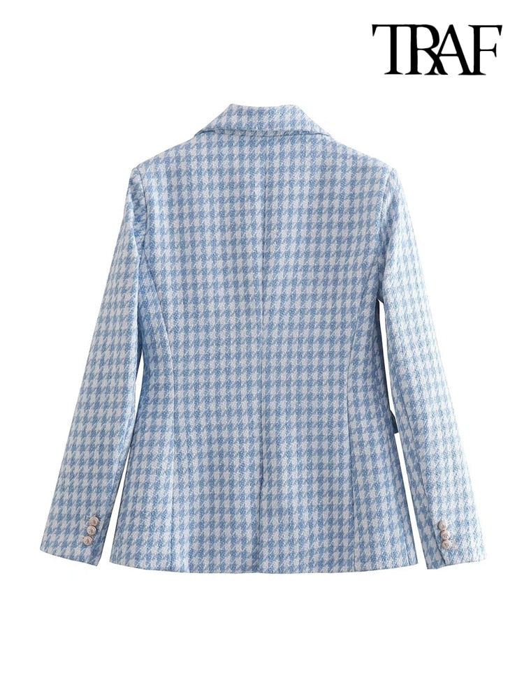 TRAF Women Fashion Houndstooth Double Breasted Tweed Blazer Coat Vintage Long Sleeve Flap Pocket Female Outerwear Chic Veste