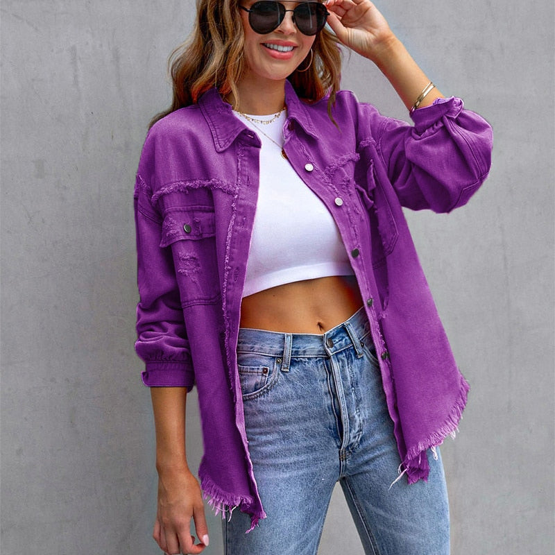 2023 Holes Raw-edges Denim Jacket Women Spring Autumn Shirt Style Jeancoat Casual Top Rose-Red Orange Purple Outerwear Lady Coat