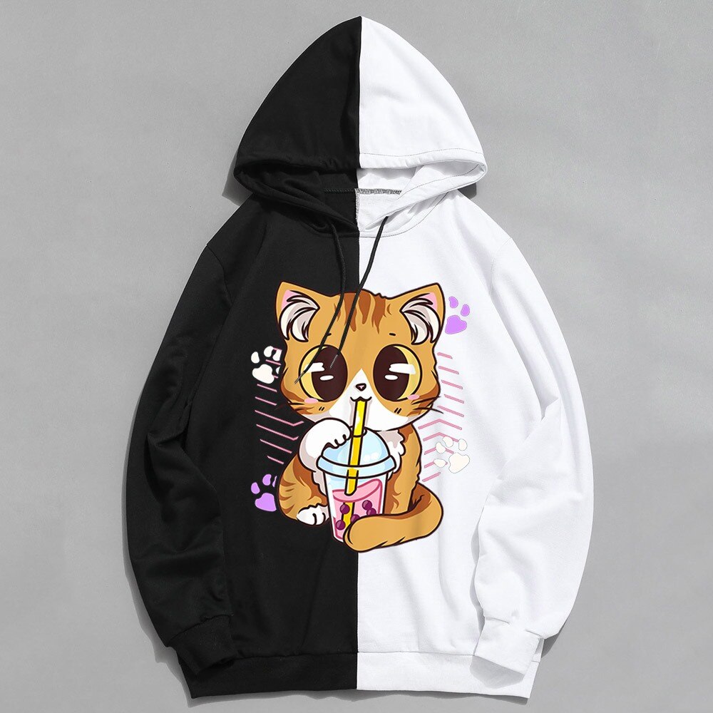 2022 Japanese Anime Manga Kawaii Cat Boba Tea Hoodies Moletom Men/Women Short Sleeve Sweatshirt Cat Boba Tea Hoddie for Teens
