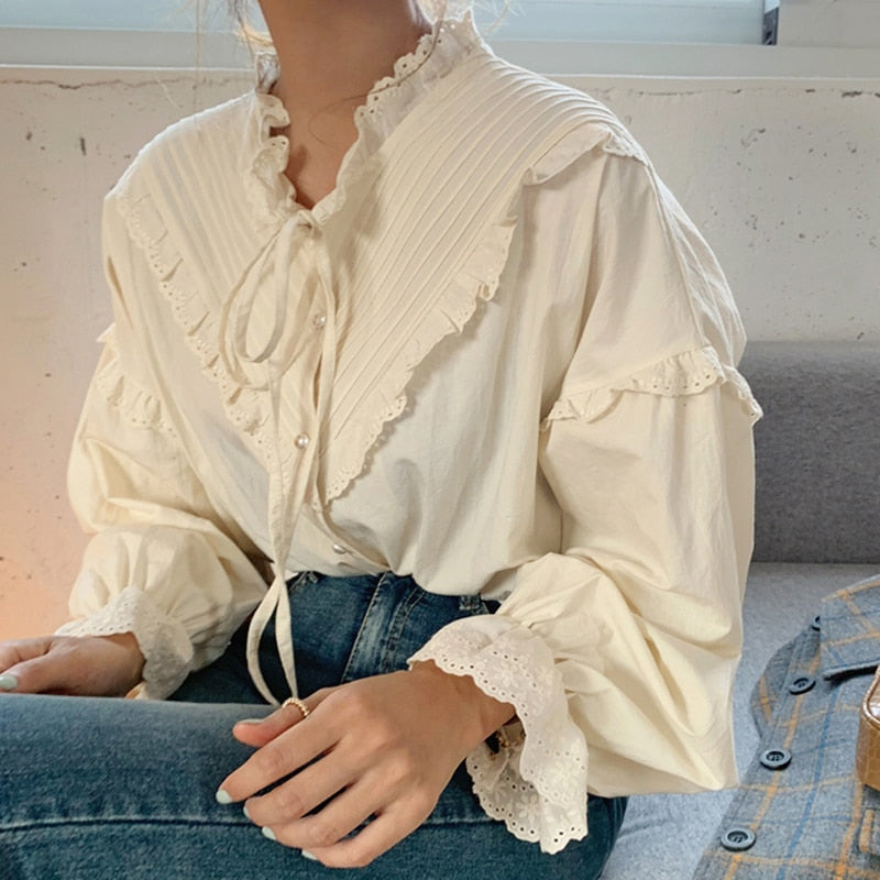 Vintage Casual Elegant Tops 2023 New Women Hollow Out Women Shirts Solid Long Sleeve Korean Style Bow Loose Blouses Blusas 9580