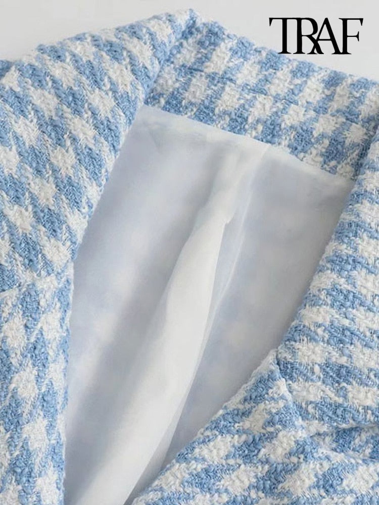 TRAF Women Fashion Houndstooth Double Breasted Tweed Blazer Coat Vintage Long Sleeve Flap Pocket Female Outerwear Chic Veste