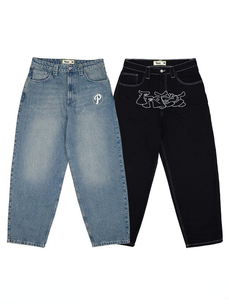 New Baggy Casual Wide Leg Jeans Men Street Retro Hip Hop Print Jeans Trend Fashion Black High-waist Jean Y2k Men Clothing 2023