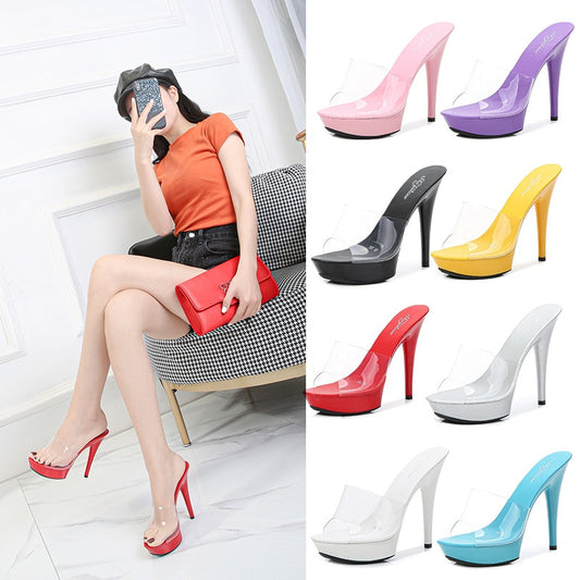 STAN SHARK 2020 Summer New Fashion Word with PVC Transparent Slippers Female 13CM Wild Net Red Sexy Thin Heels 8 Colour Choose