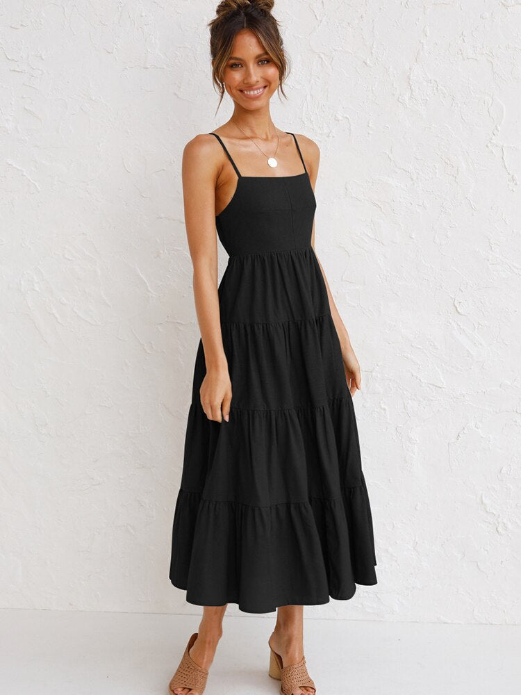 Summer Women Backless Spaghetti Strap Long Dress Sexy Lace-up Beach Party Dresses Casual Elegant Black Plaid Print Sundress 2022