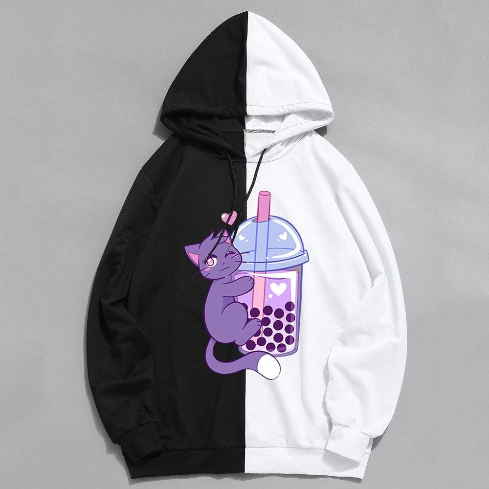 2022 Japanese Anime Manga Kawaii Cat Boba Tea Hoodies Moletom Men/Women Short Sleeve Sweatshirt Cat Boba Tea Hoddie for Teens