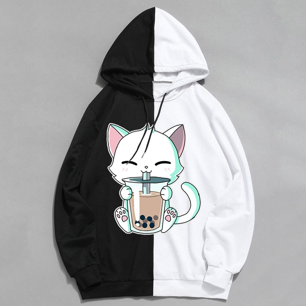 2022 Japanese Anime Manga Kawaii Cat Boba Tea Hoodies Moletom Men/Women Short Sleeve Sweatshirt Cat Boba Tea Hoddie for Teens