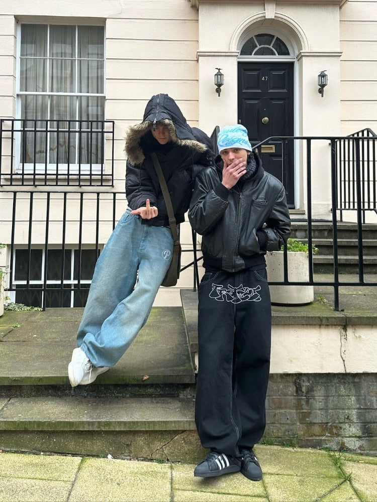 New Baggy Casual Wide Leg Jeans Men Street Retro Hip Hop Print Jeans Trend Fashion Black High-waist Jean Y2k Men Clothing 2023