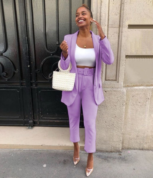 Classic Office Blazer Suit Two Piece Set 2023 Women Casual Commute Cropped Pants Suits Solid Color Mid Length Blazer with Pocket