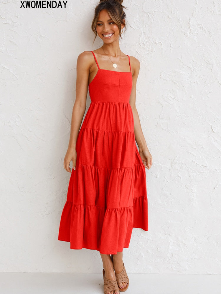 Summer Women Backless Spaghetti Strap Long Dress Sexy Lace-up Beach Party Dresses Casual Elegant Black Plaid Print Sundress 2022