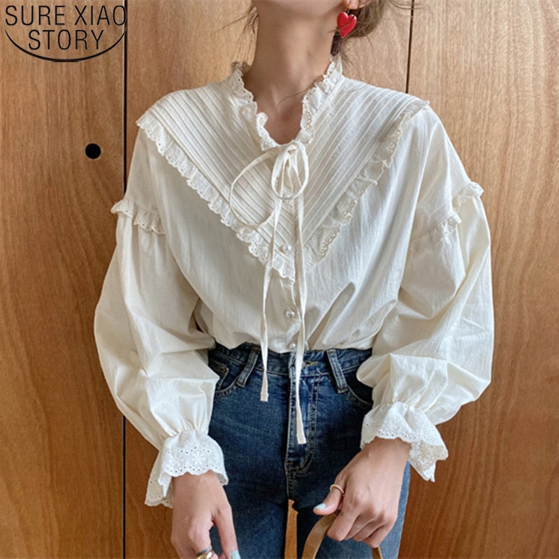 Vintage Casual Elegant Tops 2023 New Women Hollow Out Women Shirts Solid Long Sleeve Korean Style Bow Loose Blouses Blusas 9580