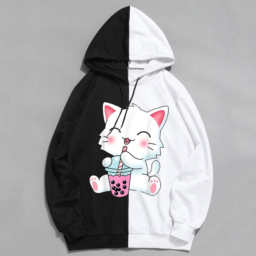 2022 Japanese Anime Manga Kawaii Cat Boba Tea Hoodies Moletom Men/Women Short Sleeve Sweatshirt Cat Boba Tea Hoddie for Teens