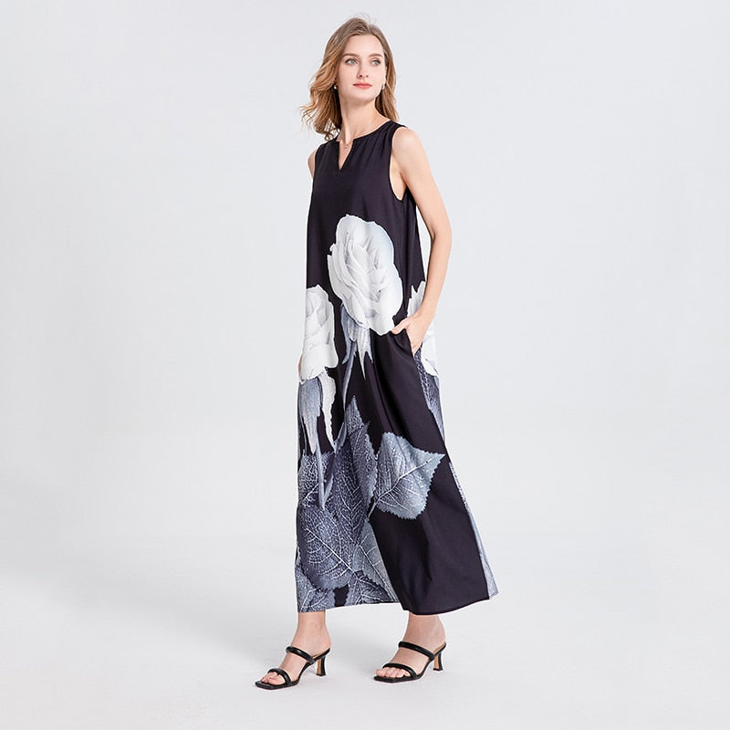 WAYOFLOVE Ladies Spring Summer Long Dress Women Black Sleeveless Loose V-neck Elegant Dresses Party New Rose Print Vintage Dress