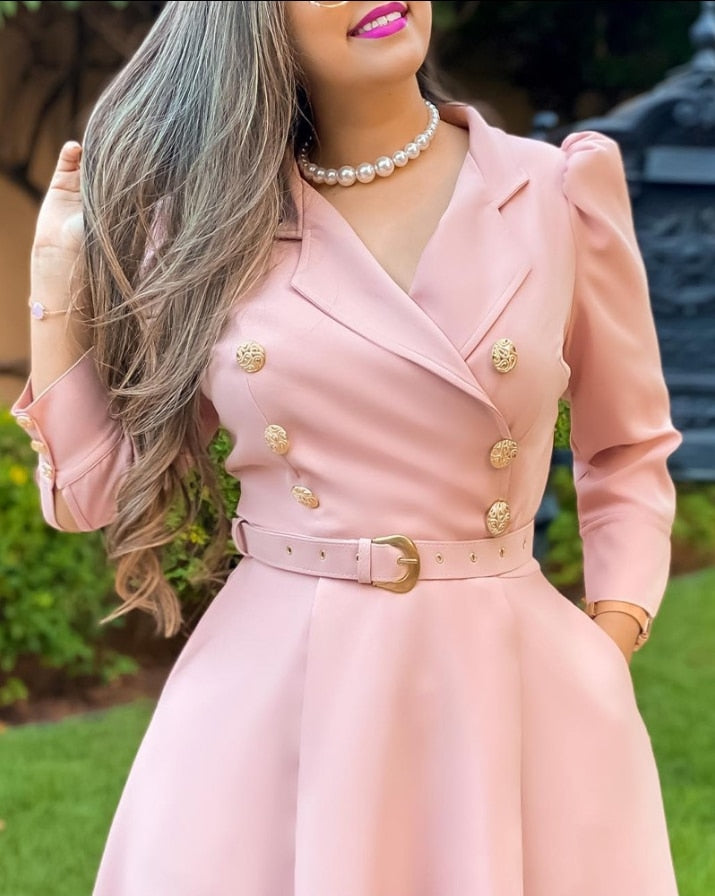 Puff Sleeve Double Breasted Belted Blazer Dress dresses for women 2022 elegant high quality A Line Midi Plain