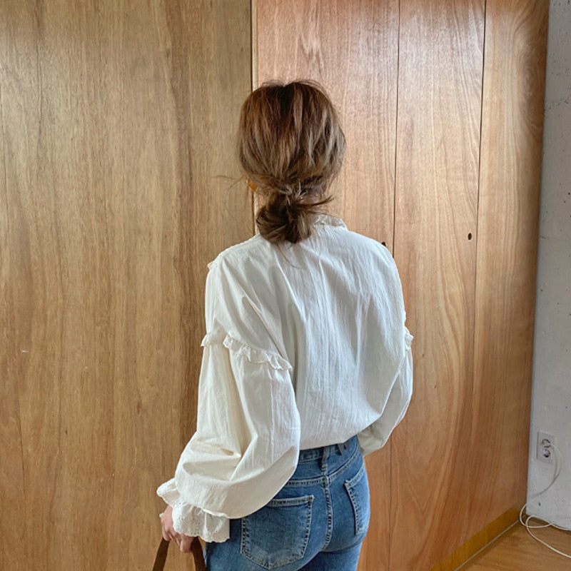 Vintage Casual Elegant Tops 2023 New Women Hollow Out Women Shirts Solid Long Sleeve Korean Style Bow Loose Blouses Blusas 9580