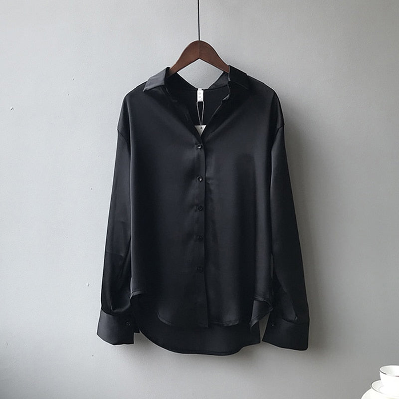 Autumn Fashion Button Up Satin Shirt Vintage Blouse Women White Lady Long Sleeves Female Loose Street Shirts 11355