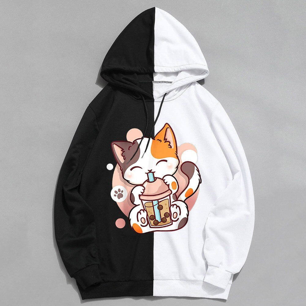 2022 Japanese Anime Manga Kawaii Cat Boba Tea Hoodies Moletom Men/Women Short Sleeve Sweatshirt Cat Boba Tea Hoddie for Teens