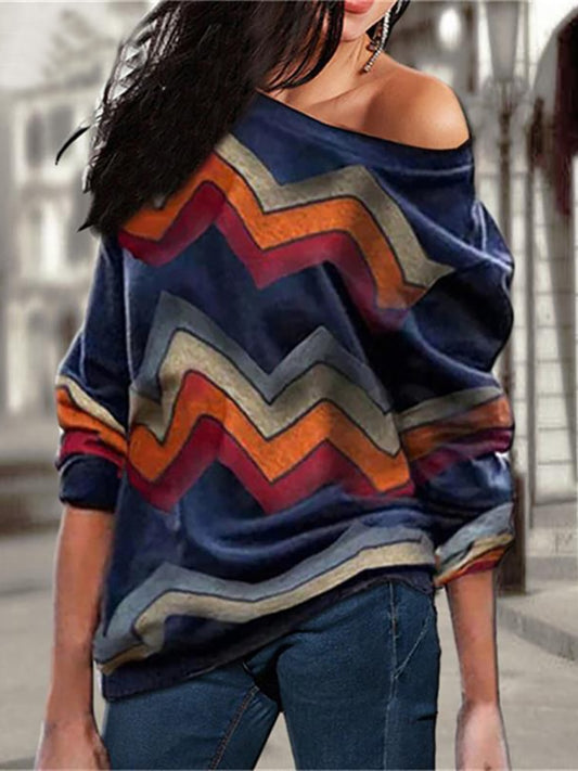 Aachoae Women Blouses Off Shoulder Tops Striped Print Pullover Jumper Casual Knitted Top Long Sleeve Blouse Shirt Camiseta Mujer