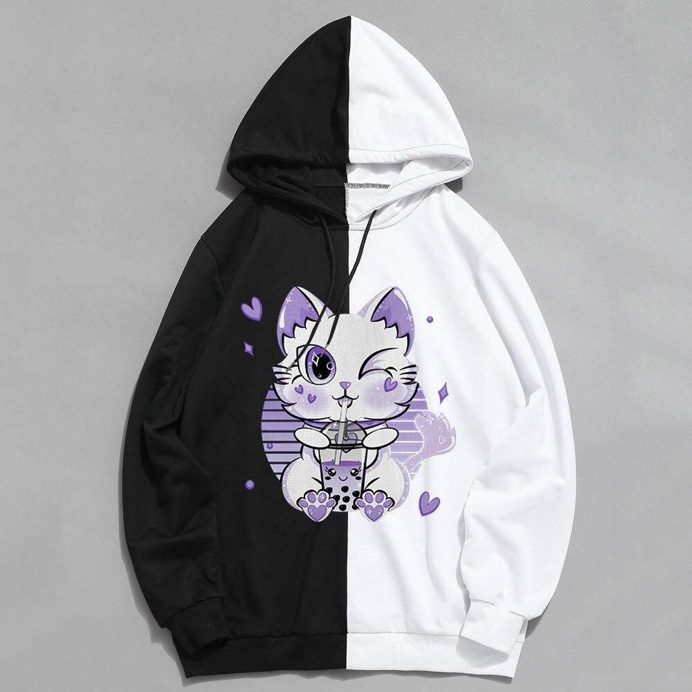 2022 Japanese Anime Manga Kawaii Cat Boba Tea Hoodies Moletom Men/Women Short Sleeve Sweatshirt Cat Boba Tea Hoddie for Teens