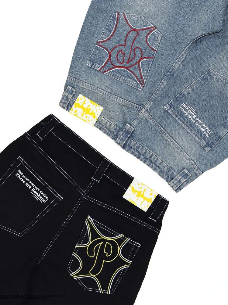 New Baggy Casual Wide Leg Jeans Men Street Retro Hip Hop Print Jeans Trend Fashion Black High-waist Jean Y2k Men Clothing 2023