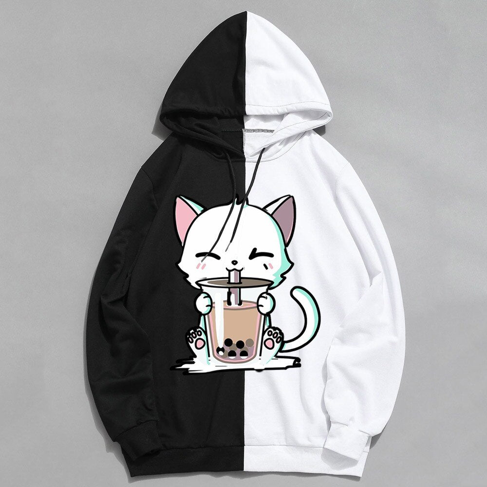 2022 Japanese Anime Manga Kawaii Cat Boba Tea Hoodies Moletom Men/Women Short Sleeve Sweatshirt Cat Boba Tea Hoddie for Teens