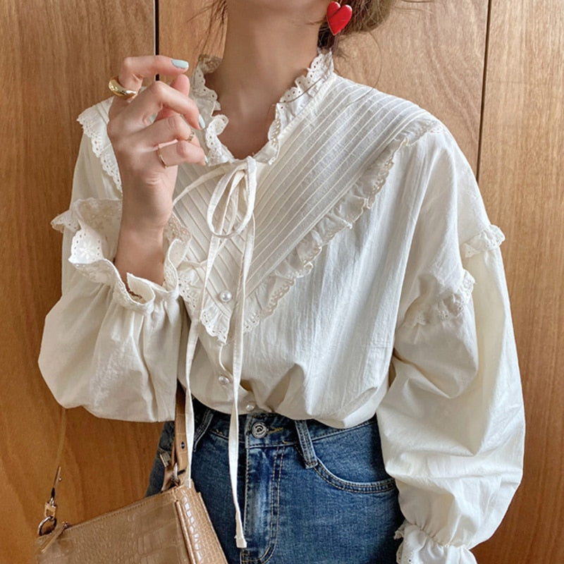 Vintage Casual Elegant Tops 2023 New Women Hollow Out Women Shirts Solid Long Sleeve Korean Style Bow Loose Blouses Blusas 9580