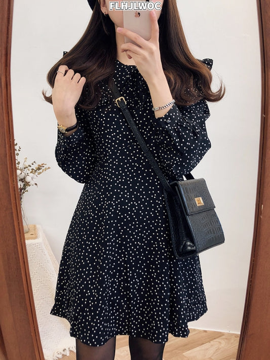 2023 Cute Sweet Dress Hot Sales Women Fashion Korean Style Design A Line Preppy Girls Vintage Polka Dot Ruffled Mini Black Dress