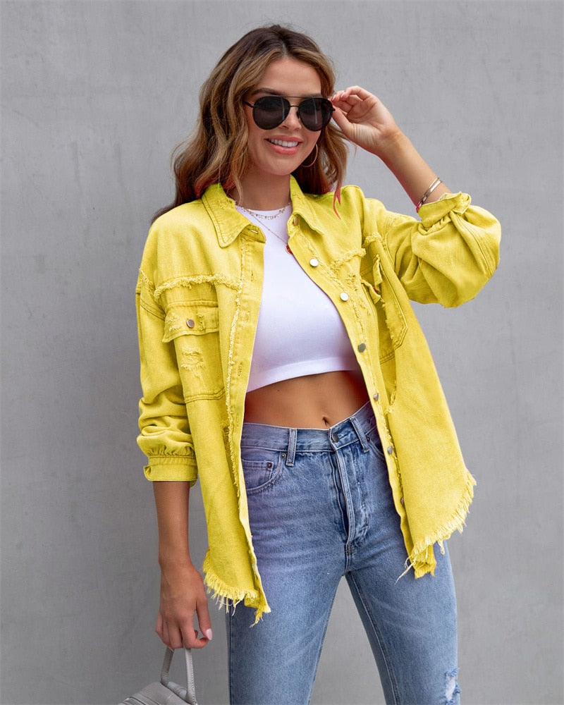 2023 Holes Raw-edges Denim Jacket Women Spring Autumn Shirt Style Jeancoat Casual Top Rose-Red Orange Purple Outerwear Lady Coat