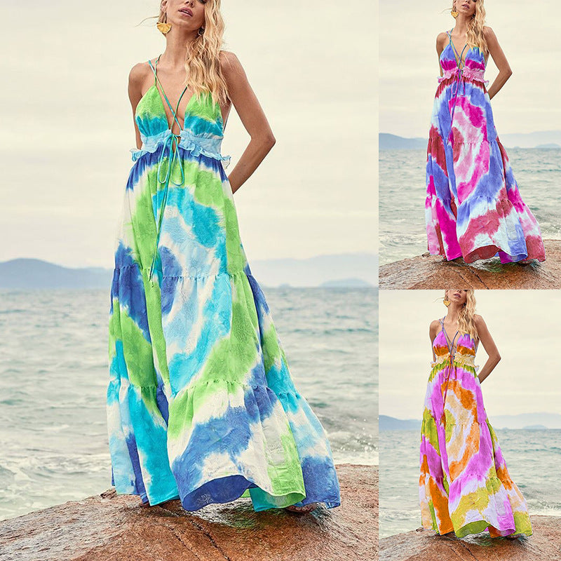 Tie-dye Gradient Slanted Stripe Horizontal Pattern Printing Slip Dress