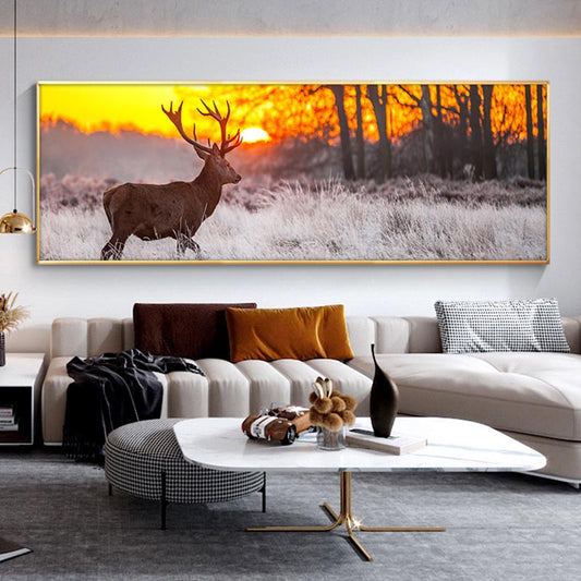 Sunset Landscape Wall Art Poster And Print Deer In Forest Canvas Painting