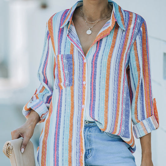 European And American Women's Clothing Striped Lapel Long-sleeved Cardigan Single-breasted Shirt For Women