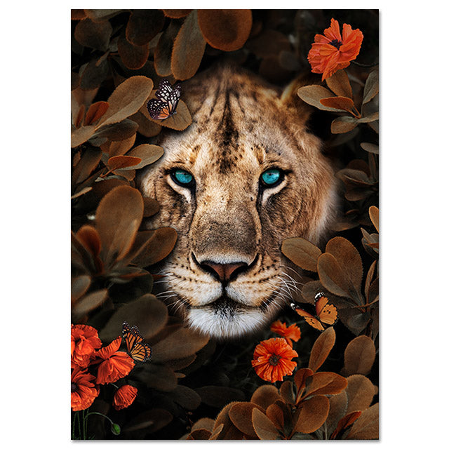 Abstract Wall Canvas Painting Animal Lion Tiger Bear Flowers Nordic Art