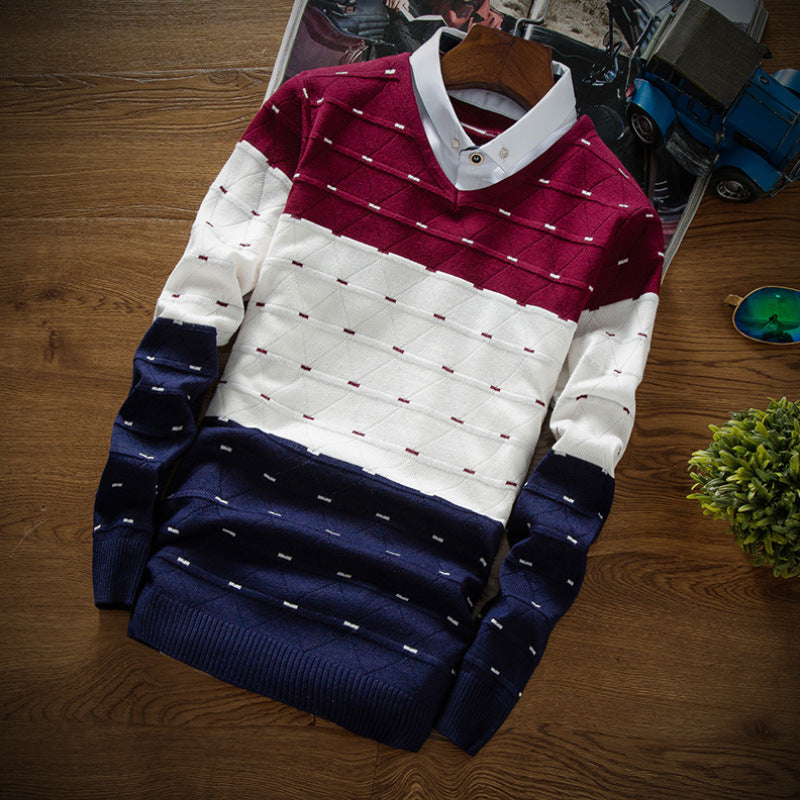 Men's Knitted Sweater Fake Two-piece Shirt Collar Sweater Men