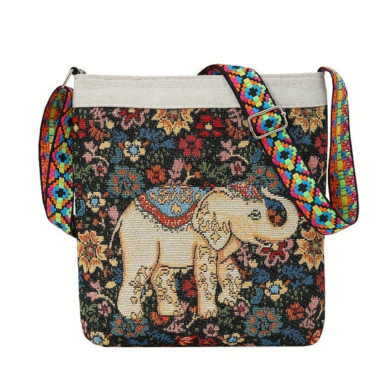 Ethnic Style Crossbody Bag Elephant Embroidery Square Purse Vintage Shoulder Bag For Women