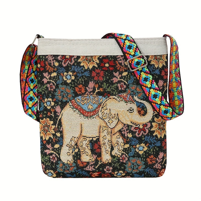 Ethnic Style Crossbody Bag Elephant Embroidery Square Purse Vintage Shoulder Bag For Women