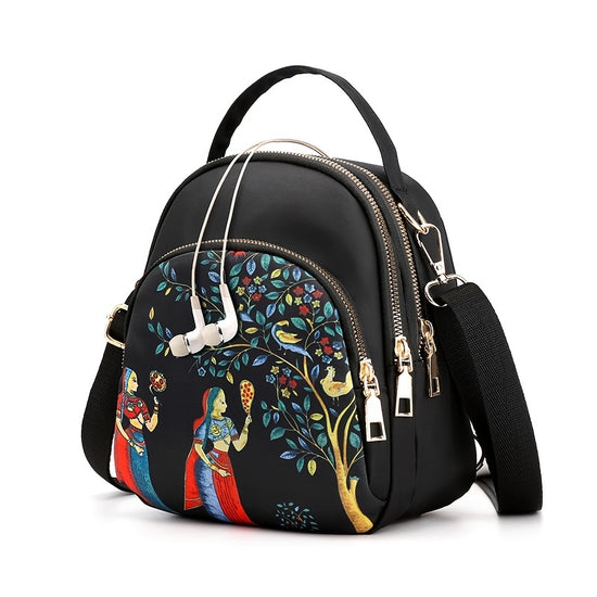 Small Fashion Print Crossbody Bag Trendy Multi Zipper Sling Bag Casual Bag With Adjustable Strap