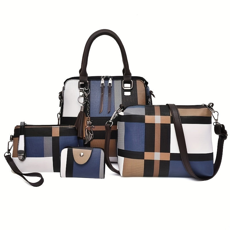 4Pcs Plaid Pattern Handbag Set Womens PU Leather Satchel Bag With Crossbody Bag  Clutch Purse  Card Holder
