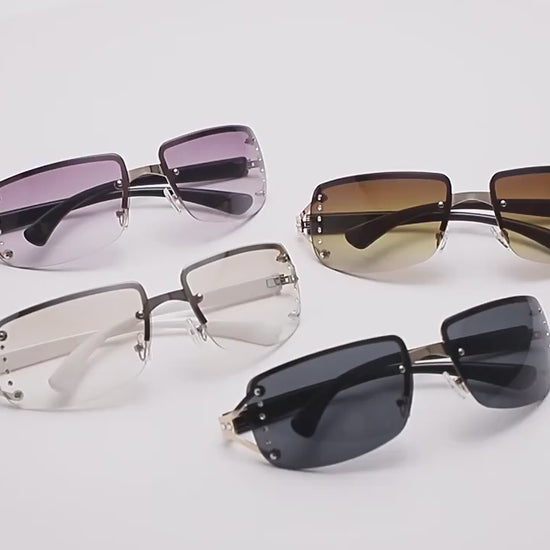 Y2K Rimless Sunglasses For Women Men Gradient Lens Glasses Futuristic Rhinestone Decor Eyewear For Driving Beach UV 400