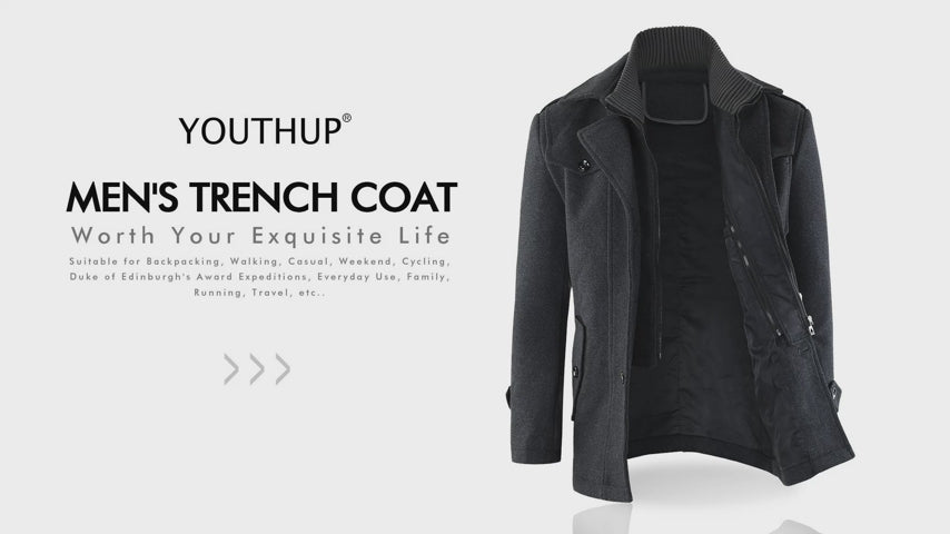 YOUTHUP Mens Wool Coats Regular Fit Military Winter Trench Coat HipLength Thick Casual Peacoat