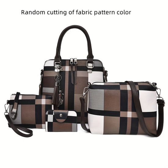 4pcs Plaid Pattern Handbag Set Womens Fashion Colorblock Tote Bag With Crossbody Bag Wristlet Clutch Purse Card Holder