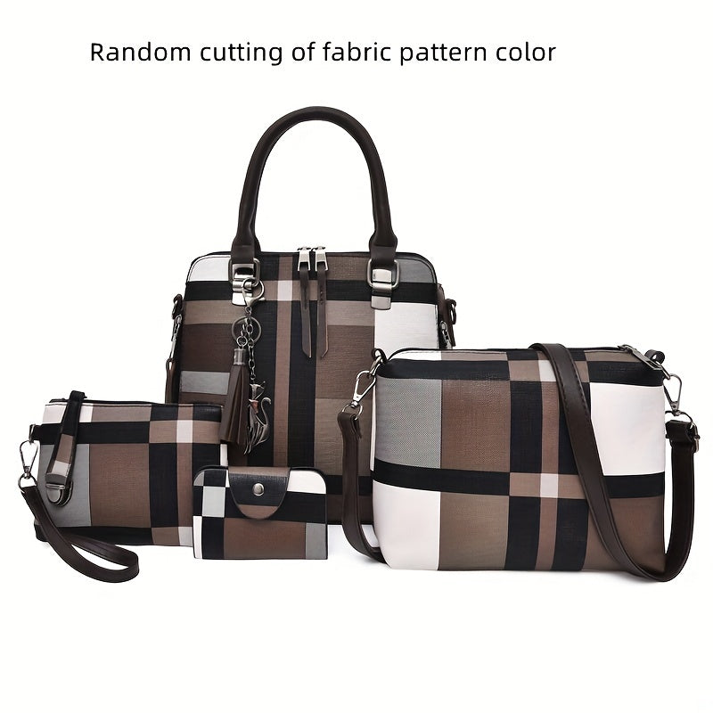 4pcs Plaid Pattern Handbag Set Womens Fashion Colorblock Tote Bag With Crossbody Bag Wristlet Clutch Purse Card Holder