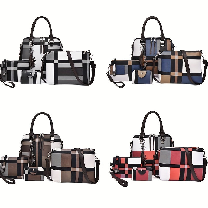 4pcs Plaid Pattern Tote Bag Set For Women Fashion Colorblock Handbag With Crossbody Bag Wristlet Clutch Purse Card Holder