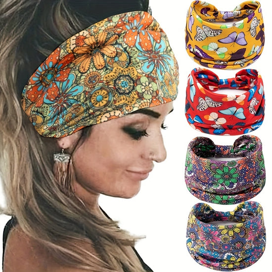 Retro Floral Butterfly Print Headband Knotted Headband Ladies Sports Fitness Sweatband