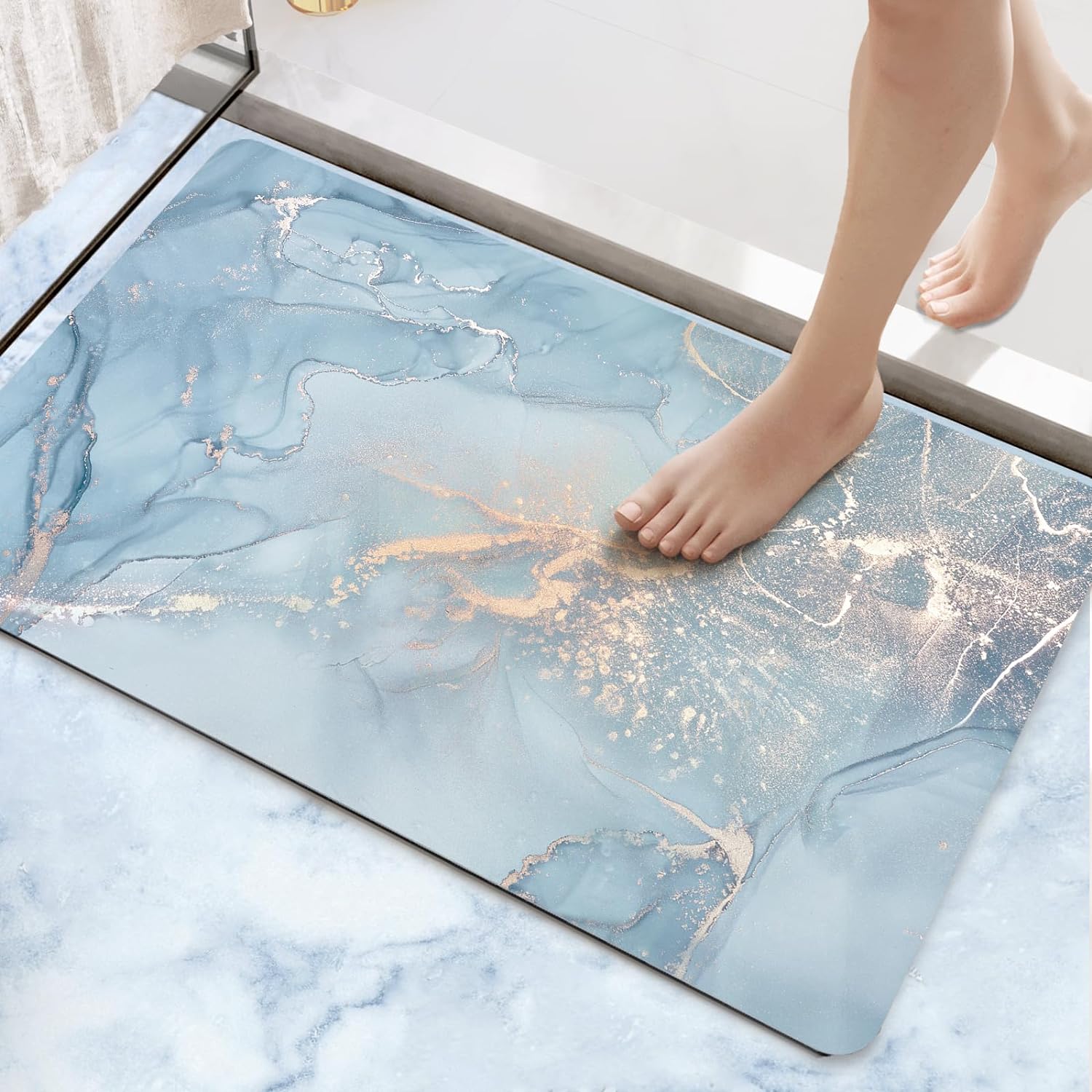 DEXI Bath Mat 40 x 60 cm Super Absorbent and NonSlip Bathroom Mat Quick Dry Bathroom Floor Mat for Shower Tub Bathtub Sink Blue